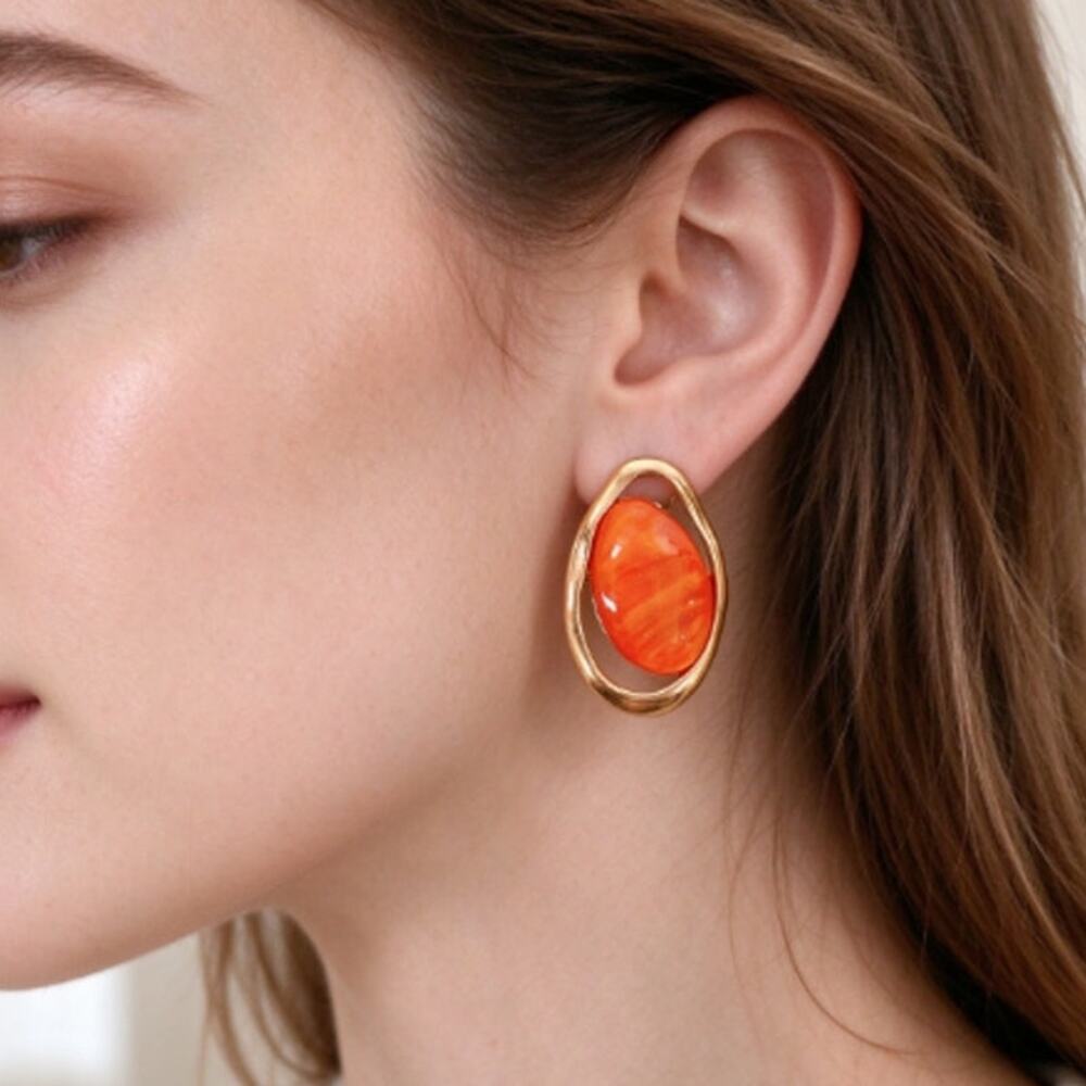 Vintage Orange Stone Irregular Gold Frame Statement Earrings